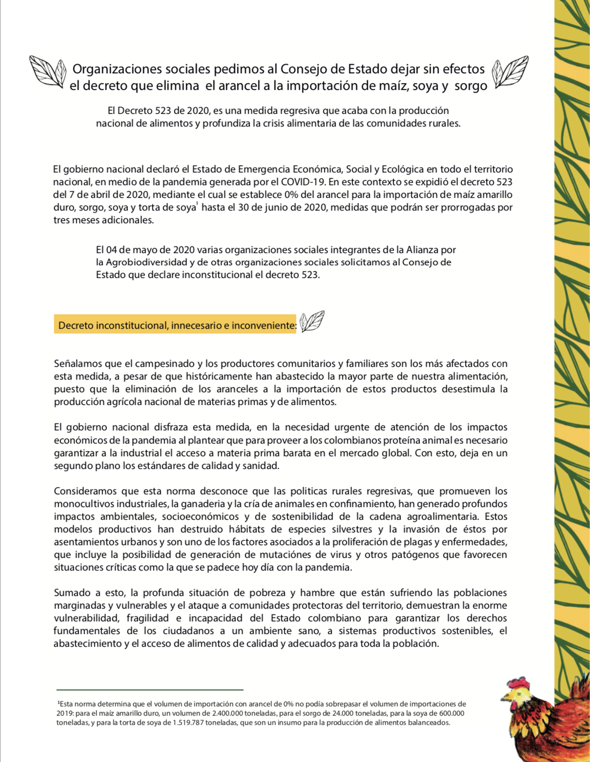 Gráfica alusiva a Comunicado "Organizaciones sociales pedimos al Consejo de Estado dejar sin efectos el decreto que elimina el arancel a la importación de maíz, soya y sorgo"