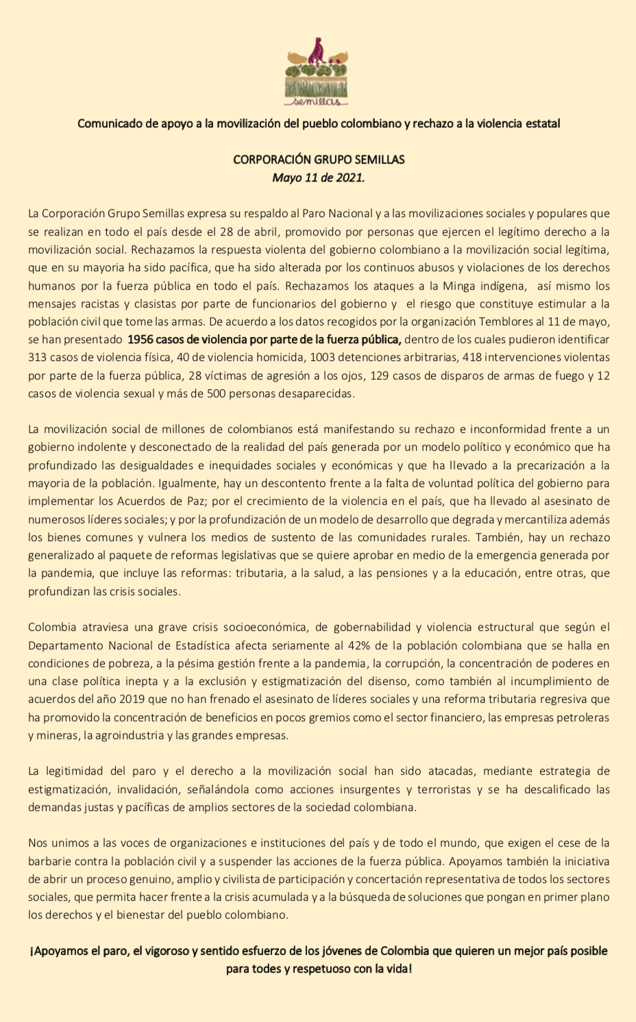 Grafica alusiva a Comunicado de apoyo a la movilización del pueblo colombiano y rechazo a la violencia estatal. Grupo Semillas 