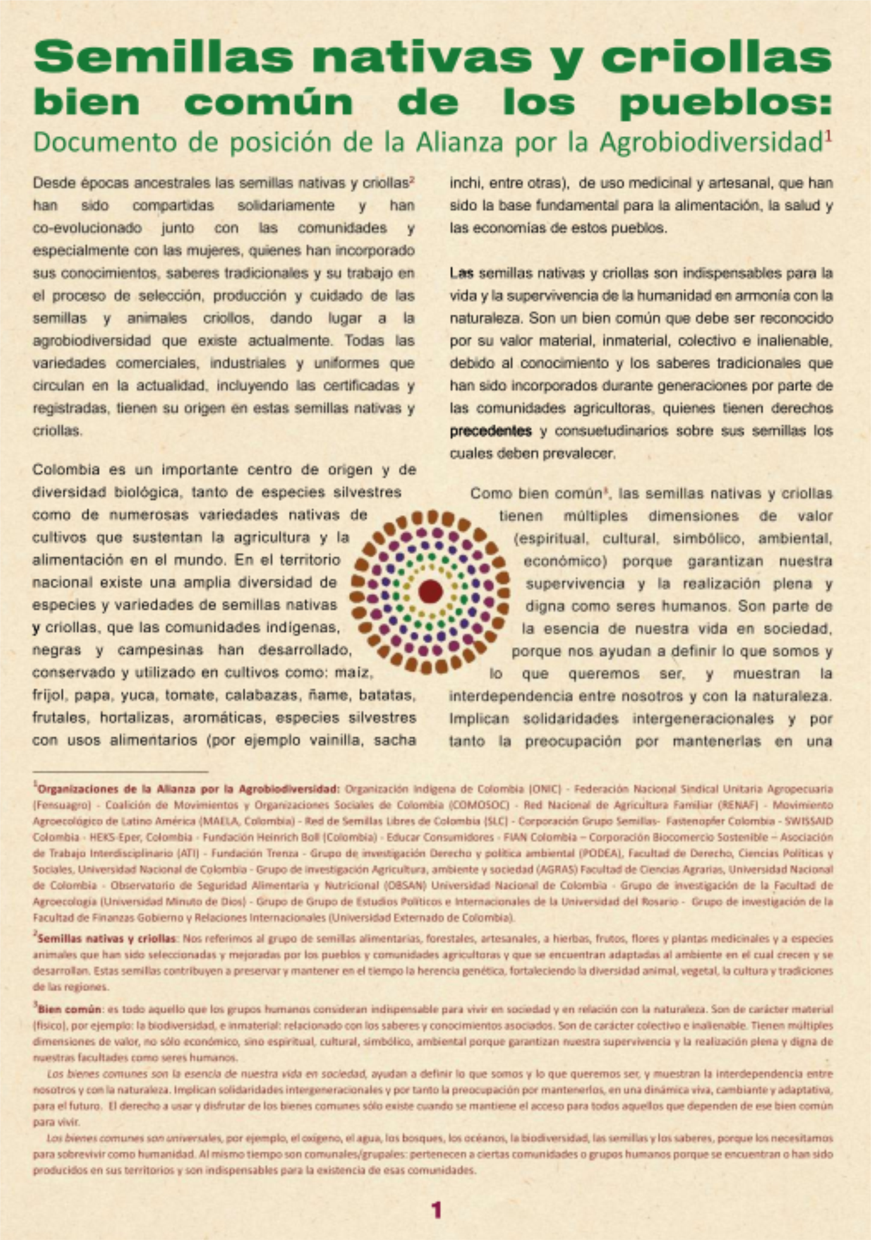 Gráfica alusiva a SEMILLAS NATIVAS Y CRIOLLAS BIEN COMÚN DE LOS PUEBLOS Documento de posición de la Alianza por la Agrobiodiversidad (Resumen)